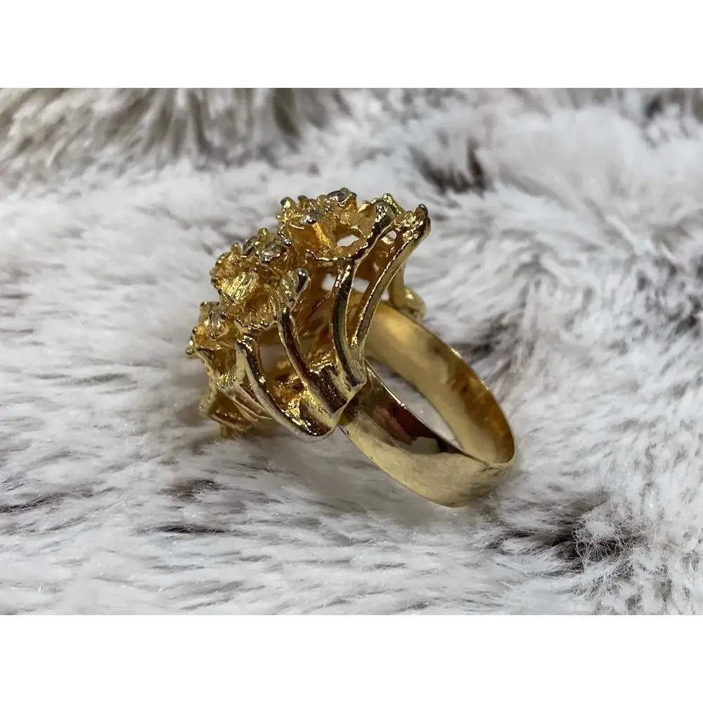 Vtg Jewelry By Linda Stella Gold Plated Cocktail Ring Insect Bee Leaves Sz 6.5